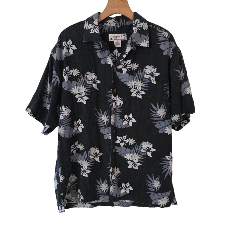 Summa Hawaiian Shirt Tropical‎ Aloha Floral Blue Short Sleeve Rayon Linen Medium